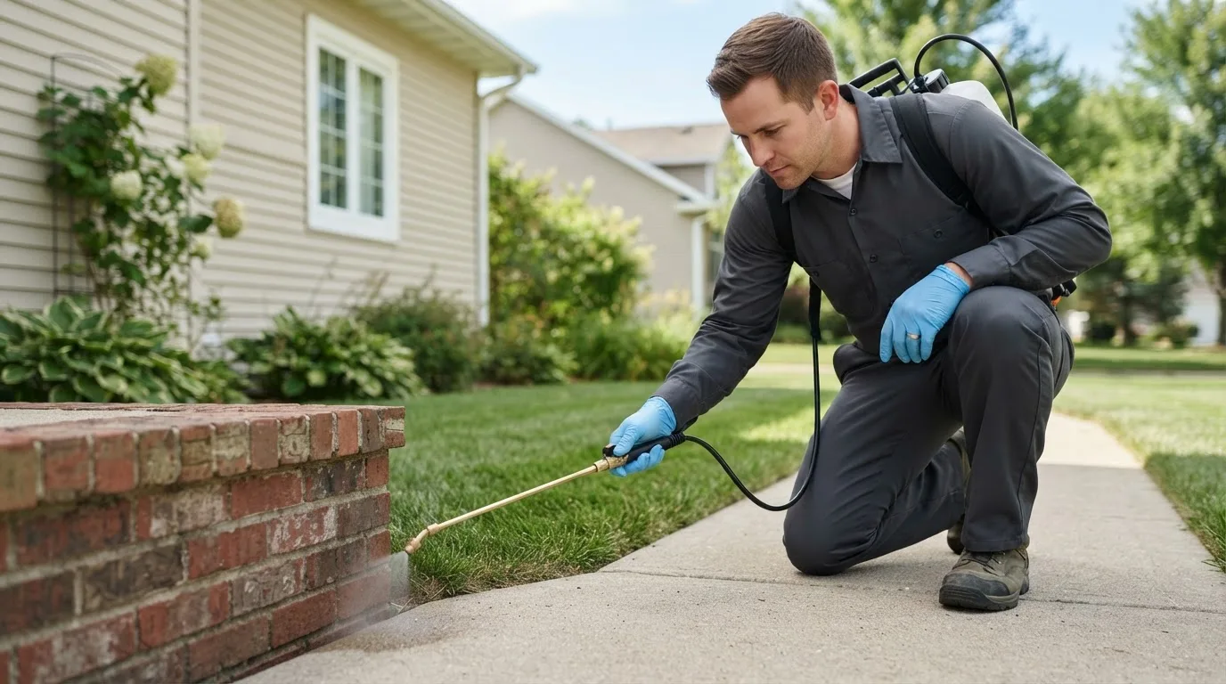 Pest control technician treating a home near East New Market, MD